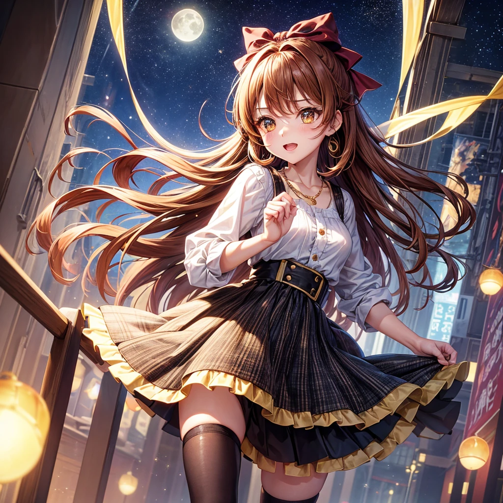 Red, brown, gold, gold hair、Golden Eyes、Hair tied up、One good looking girl、solo、anime、Checkered mini skirt、Ruffles on the skirt、Checked dress、blouse、school uniform、Black knee-high socks、Ribbon、Ribbon on waist、Teeth are visible、Sparkly Necklace、From above、Cobblestones、waterfall、Starry Sky、Midnight Moon、suspension bridge、Soap bubbles are flying、beam、Standing still、Transparent、Dragon flying、time and space、goddess、Billboard、Edo