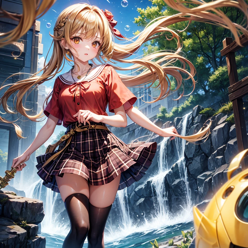 Red, brown, gold, gold hair、Golden Eyes、Hair tied up、One good looking girl、solo、anime、Checkered mini skirt、Ruffles on the skirt、Checked dress、blouse、school uniform、Black knee-high socks、Ribbon、Ribbon on waist、Teeth are visible、Sparkly Necklace、From above、Cobblestones、waterfall、Starry Sky、Midnight Moon、suspension bridge、Soap bubbles are flying、beam、Standing still、Transparent、Dragon flying、time and space、goddess、Billboard、Edo