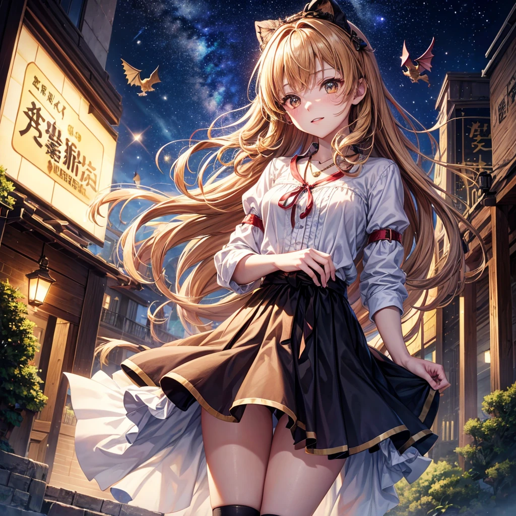Red, brown, gold, gold hair、Golden Eyes、Hair tied up、One good looking girl、solo、anime、Checkered mini skirt、Ruffles on the skirt、Checked dress、blouse、school uniform、Black knee-high socks、Ribbon、Ribbon on waist、Teeth are visible、Sparkly Necklace、From above、Cobblestones、waterfall、Starry Sky、Midnight Moon、suspension bridge、Soap bubbles are flying、beam、Standing still、Transparent、Dragon flying、time and space、goddess、Billboard、Edo