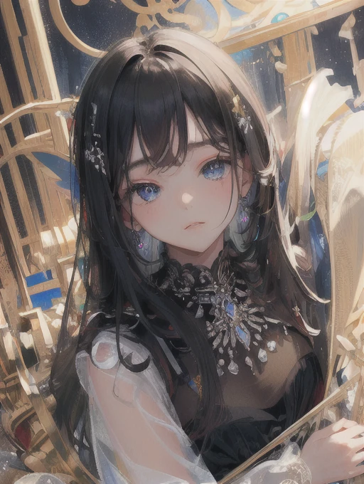 ((masterpiece, highest quality, Super detailed, High resolution)), alone, beautiful girl, shining eyes, perfect eyes, , black white gold theme,