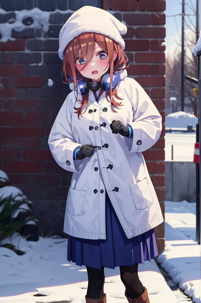 Mikunakano, miku nakano, Long Hair, bangs, blue eyes, Brown Hair, shirt, Hair between the eyes,blush, Open your mouth,White Breath,Scarf,Headphones around neck,Knitted hat,Blue long coat,V-neck sweater,Long skirt,Black pantyhose,short boots,Fluffy gloves,Standing leaning against a wall,Snow is piled up,It's snowing,whole bodyがイラスト入るように,Hidden in a building with a roof,
break outdoors, Building district,
break looking at viewer, whole body,
break (masterpiece:1.2), Highest quality, High resolution, unity 8k wallpaper, (figure:0.8), (Beautiful attention to detail:1.6), Highly detailed face, Perfect lighting, Highly detailed CG, (Perfect hands, Perfect Anatomy),