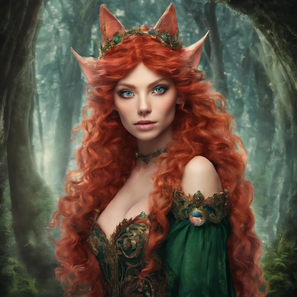 Surreal beautiful crazy elf, curly red hair, face detailed, pointy cat ears, pointy nose, very big tits, HD, 8k
