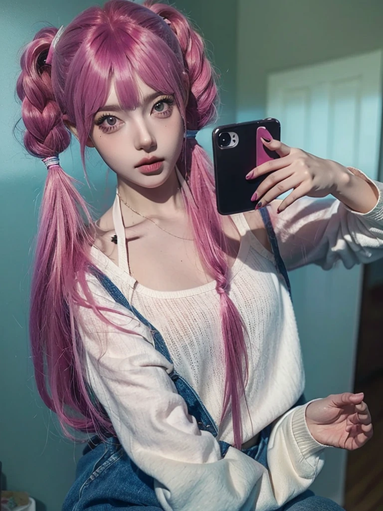 BJD doll face, beautiful girl, pink hair, two pigtails, long pigtails, selfie 