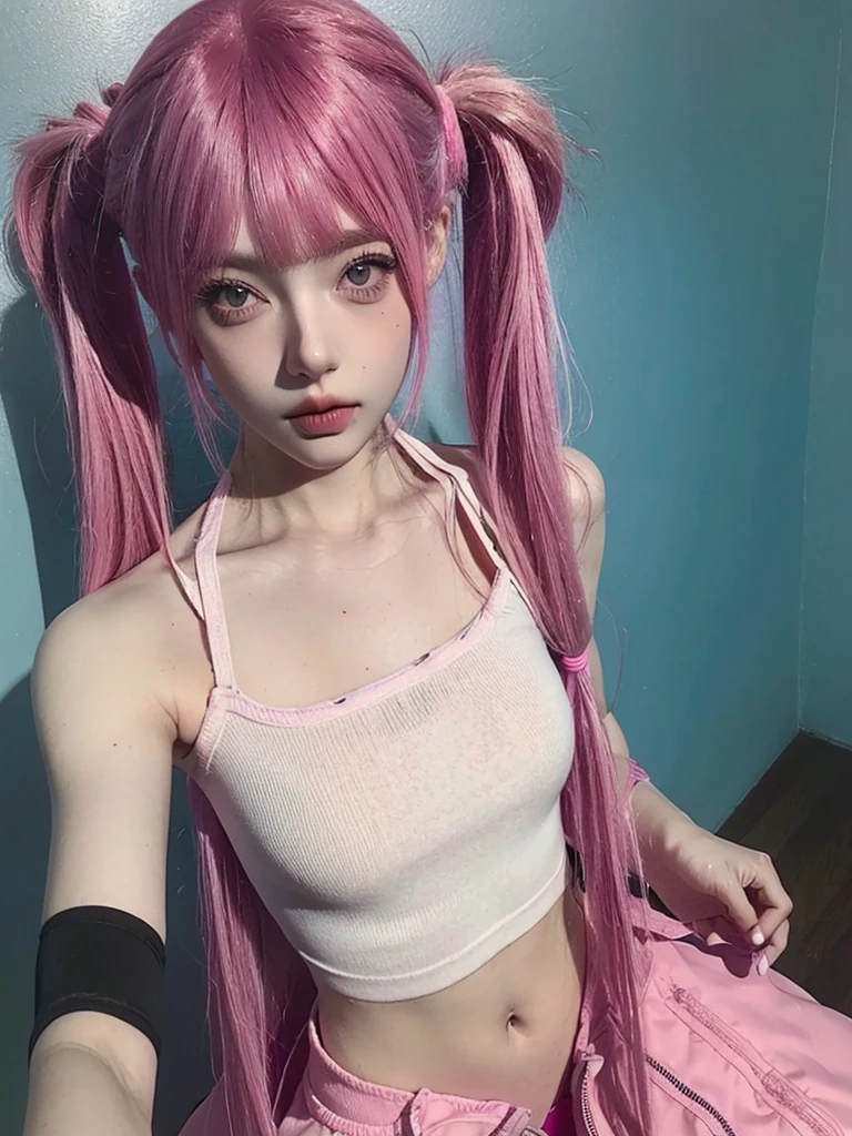BJD doll face, beautiful girl, pink hair, two pigtails, long pigtails, selfie