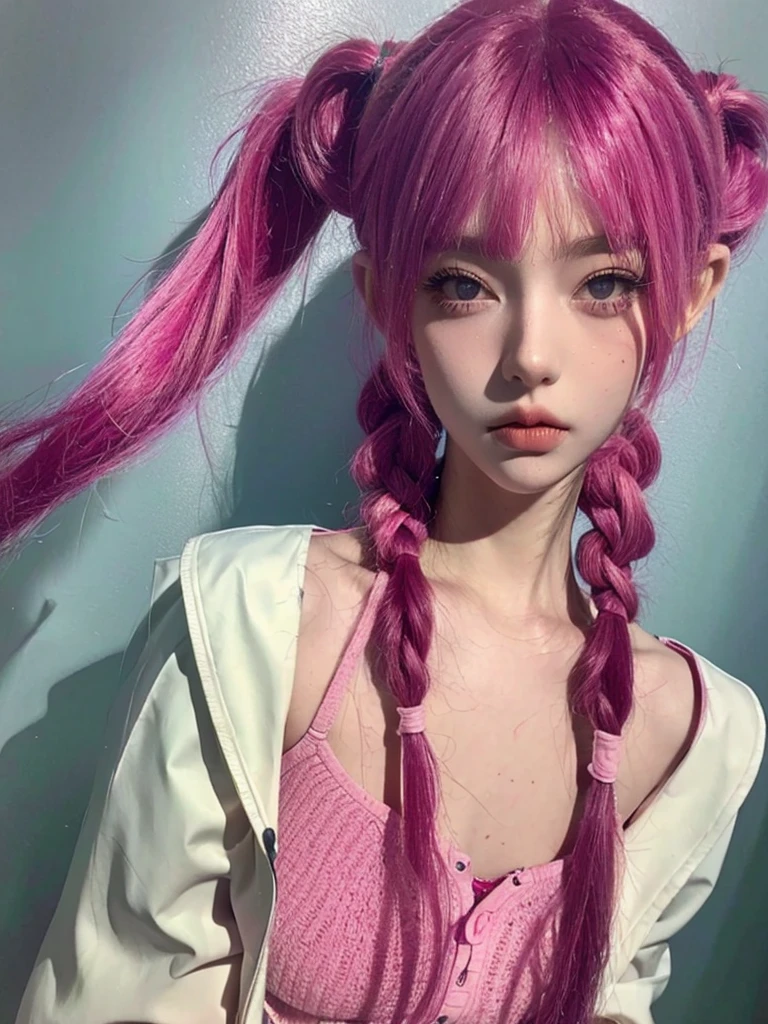 hair in lines,pink double tail hair, Mole under the eye, Moles under the mouth, heart shaped student, Long eyelashes, pink eyes, heart shaped choker、Whole Esbian、staring at the viewer、shy, Blush, ivory, ear Blush, nose Blush,anime style, color field drawing, Ray tracing, in full bloom, One person's point of view, nffsw, won, 16 ก, best quality, Highly detailed, High quality, table top, high resolution, correct, Awesome details、cat without ears