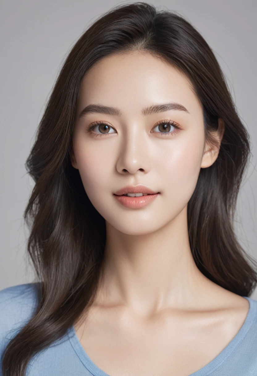 "Create a realistic image of a 22-year-old woman looking straight ahead. She has clear and smooth skin, with an even and healthy tone, no imperfections. Your hair is long, brown and wavy, falling gently on the shoulders. Her eyes are light brown, grandes e expressivos, with long eyelashes and well-defined eyebrows. She has an oval face, with slightly rosy cheeks and full lips with a subtle smile. She is wearing a simple blue blouse, with light, natural makeup, highlighting your natural beauty. The background of the image is neutral, preferably light in color, to highlight your facial features. Lighting is soft and even, no harsh shadows, to enhance skin texture and facial details."