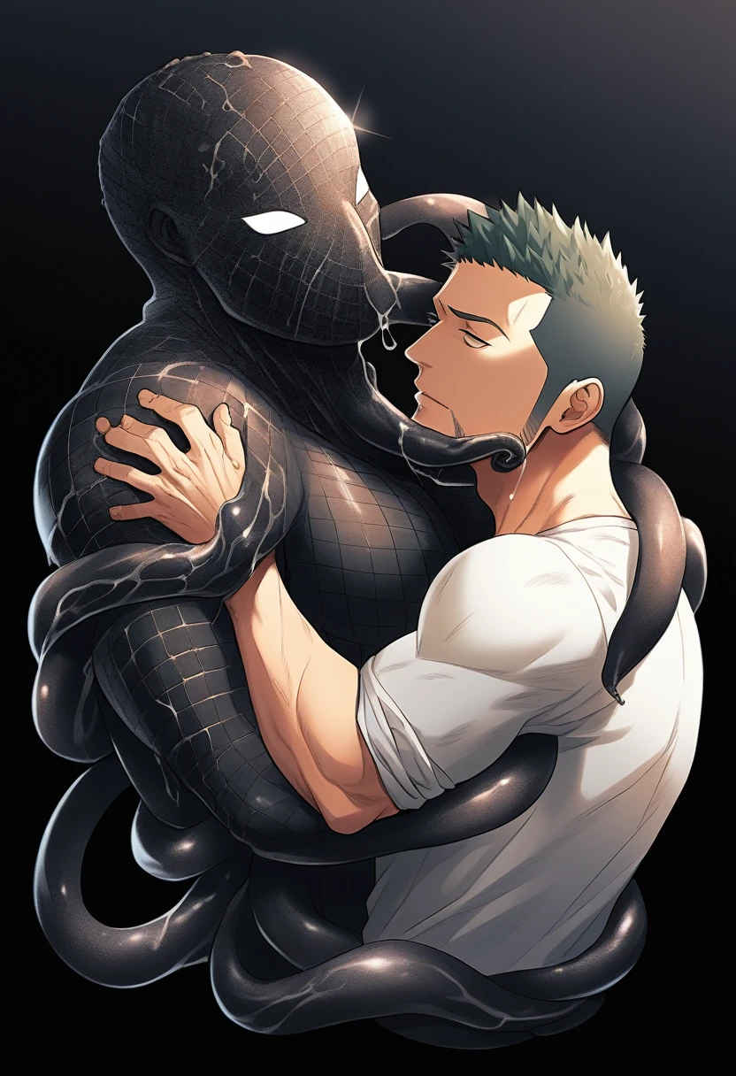 anime characters：priapus, He was kissed by black venom, He is wrapped in black tentacles, bundle, Wrapped in mucus, Affectionate embraces, Crazy kissing, Touching wantonly, Muscular Spider-Man, male focus, Upper body, Buzz Cut, aged leather texture, He wears a White tights, small grid texture, spiderman mask, Spider-Man logo, muscular male, Extra large breasts, only, alone, Black background, simple background, amazing quality, best aesthetics, Ridiculous, crew cut, drop shadow, best quality