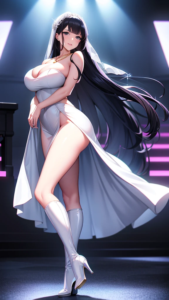 Sexy Brides, Deep V Neckline, Half-Slit Wedding Dress, Main Focus, Large Shiny Breasts Exposed Almost Naked, Black Hair with Bangs, (8K, RAW Photos, Lifelike: 1.25), (Lip Gloss, Highest Quality, Ultra-High Resolution, Depth of Field, Chromatic Aberration), Staring Intently at the Audience, Gold Necklace, Excited, Sexy Pose, Necklace in Hand, Full Body Shot, Knee-High Boots, Perspective Point of View, Transparent Wedding Dress Visible, Breasts and Ass