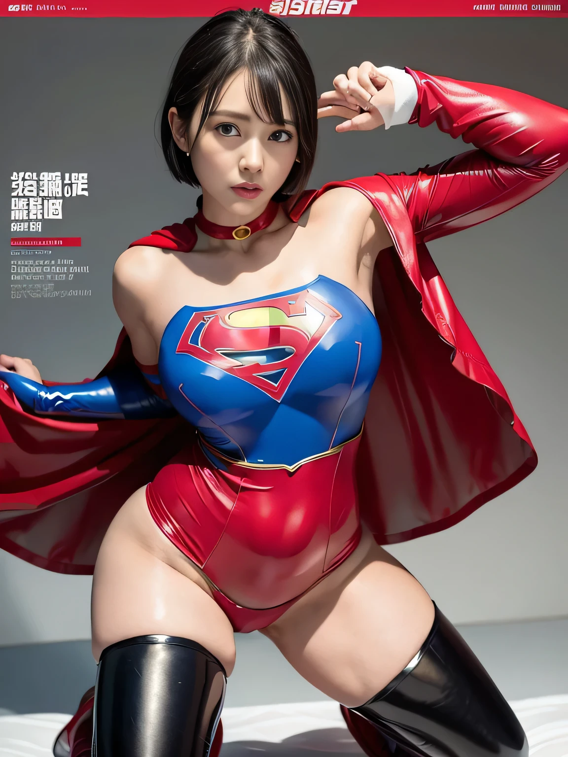 masterpiece、Rubber Supergirl Costume、short hair、Rubber Long Boots、Big and ample breasts、shiny sweaty skin、looking at the camera、choker、Long sleeve、Sexy poses to seduce、Off the shoulder、latex、from right in front、athlete、Racing Bloomers、Red Cape、Muscle training、Thighs、Photo magazine cover、operating table、