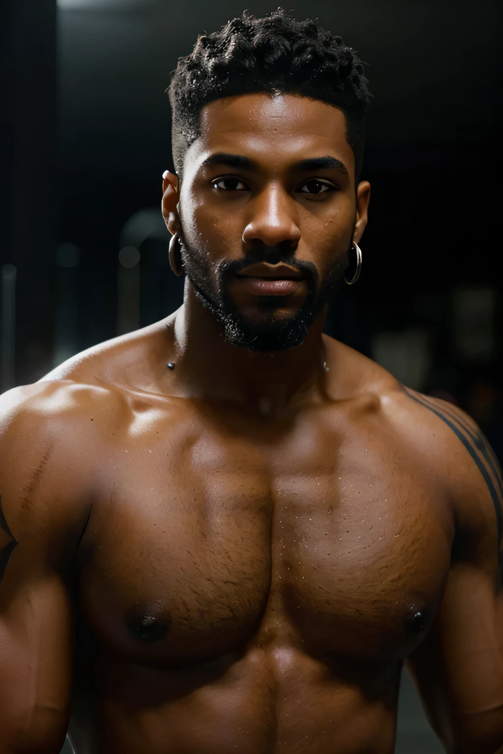 Create
Ultra realistic close-up image/photo of a black boy
 black with the following characteristics:
"Short jet black hair, dark black eyes, black skin, neat beard, beautiful face
hoop earrings, muscular, fit and tattooed body.
The background must be blurred with an accentuated Bokeh effect."