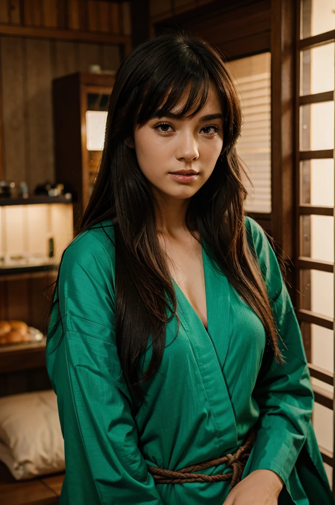 Female supermodel. Green Kimono. Bamboo. White floor cushions. Soft lighting. Living room. Close-up.