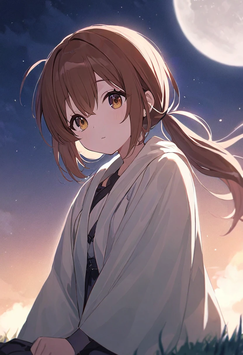 girl. With brown hair.Hazel eyes.Brown hair.pony tail.Hazel eyes.Calm weather.Somewhere under the moon.