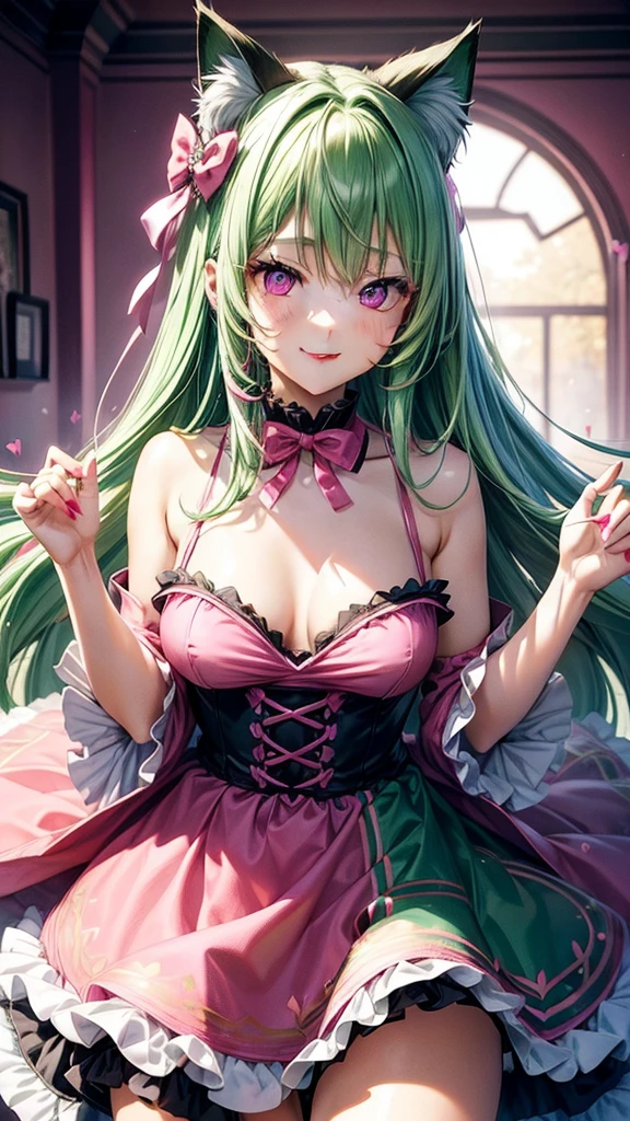 (( dark pink green hair mix color)), pink eyes,sexy woman, cat ears, hearts, floating hearts, face only, long hair, smiling, hair ornament, up close face, closed mouth smile, up closeface, hair bows, sexy body