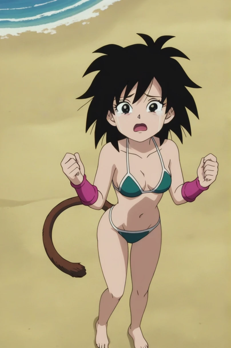 fountain_cheered up, score_9,score_8_above, score_7_above, ginedb, cheered up screencap,
1 girl, Alone, senos meisnos, looking at the viewer, Open mouth, is, black fur, sand, bare shoulders, medium senos, clavicle, aboveper body, dientes, black eyes, tearing above, eyelashes, pink wristband, d:, Eyebrows,Moonlight, y butude nswhole body, standing, Tight bikini