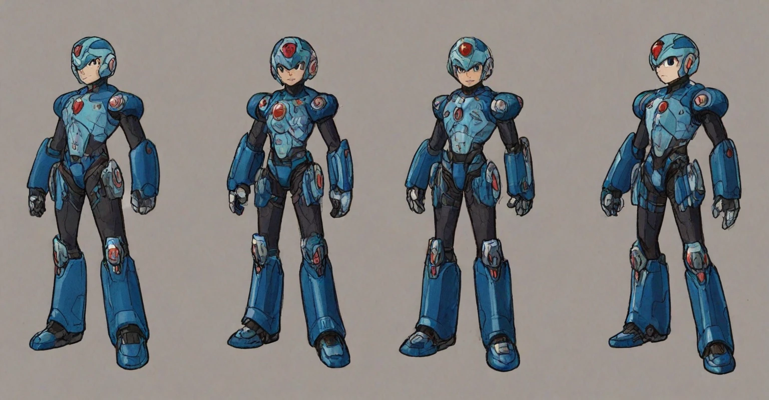 in kinu-sensei artstyle, Kinu Nishimura style, 1boy, solo, hardboiled, reploid, The image showcases several iterations of the character Megaman X in his design from "Mega Man X8". This character, a Reploid, features a sleek, futuristic design with a predominantly blue color scheme and light blue highlights. The first design shows a rounded, simplistic form, emphasizing a youthful and approachable appearance. The second design introduces angular features, giving him a tougher and more mature look. The third design further enhances these aspects with added armor details and more defined muscle structure, highlighting his combat-ready nature. The side profiles show his helmet with a red gem centerpiece and intricate arm and leg armor details. The overall art style is dynamic, with clean lines and a mix of soft and hard shading to emphasize his mechanical yet heroic qualities. AI art prompts: - "Futuristic Reploid, Megaman X design, blue and light blue color scheme, sleek and dynamic design, detailed armor, combat-ready, heroic stance, clean lines, mix of soft and hard shading." - "Megaman X Reploid character design, angular features, youthful and approachable appearance, futuristic armor, red gem centerpiece, intricate details, heroic and combat-ready." - "Reploid hero, sleek and futuristic, blue armor, light blue highlights, dynamic design, side profiles, detailed helmet, clean lines, soft and hard shading., i
AI art prompts:
- "Futuristic Reploid, Megaman X design, blue and light blue color scheme, sleek and dynamic design, detailed armor, combat-ready, heroic stance, clean lines, mix of soft and hard shading."
- "Megaman X Reploid character design, angular features, youthful and approachable appearance, futuristic armor, red gem centerpiece, intricate details, heroic and combat-ready."
- "Reploid hero, sleek and futuristic, blue armor, light blue highlights, dynamic design, side profiles, detailed helmet, clean lines, soft and hard shading., in kinu-sensei artstyle