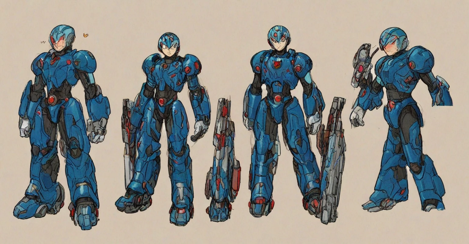 in kinu-sensei artstyle, Kinu Nishimura style, 1boy, solo, hardboiled, reploid, The image showcases several iterations of the character Megaman X in his design from "Mega Man X8". This character, a Reploid, features a sleek, futuristic design with a predominantly blue color scheme and light blue highlights. The first design shows a rounded, simplistic form, emphasizing a youthful and approachable appearance. The second design introduces angular features, giving him a tougher and more mature look. The third design further enhances these aspects with added armor details and more defined muscle structure, highlighting his combat-ready nature. The side profiles show his helmet with a red gem centerpiece and intricate arm and leg armor details. The overall art style is dynamic, with clean lines and a mix of soft and hard shading to emphasize his mechanical yet heroic qualities. AI art prompts: - "Futuristic Reploid, Megaman X design, blue and light blue color scheme, sleek and dynamic design, detailed armor, combat-ready, heroic stance, clean lines, mix of soft and hard shading." - "Megaman X Reploid character design, angular features, youthful and approachable appearance, futuristic armor, red gem centerpiece, intricate details, heroic and combat-ready." - "Reploid hero, sleek and futuristic, blue armor, light blue highlights, dynamic design, side profiles, detailed helmet, clean lines, soft and hard shading., i
AI art prompts:
- "Futuristic Reploid, Megaman X design, blue and light blue color scheme, sleek and dynamic design, detailed armor, combat-ready, heroic stance, clean lines, mix of soft and hard shading."
- "Megaman X Reploid character design, angular features, youthful and approachable appearance, futuristic armor, red gem centerpiece, intricate details, heroic and combat-ready."
- "Reploid hero, sleek and futuristic, blue armor, light blue highlights, dynamic design, side profiles, detailed helmet, clean lines, soft and hard shading., in kinu-sensei artstyle