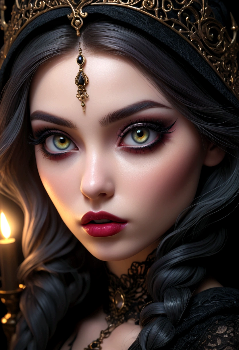 full body, beautiful detailed eyes, beautiful detailed lips, extremely detailed eyes and face, long eyelashes, sensual expression, provocative pose, highly detailed, 8k, hyperrealistic, volumetric lighting, glowing skin, cinematic lighting, dramatic shadows, moody atmosphere, rich colors, vibrant palette, dark and ominous, gothic fantasy, dramatic lighting, mystical and otherworldly