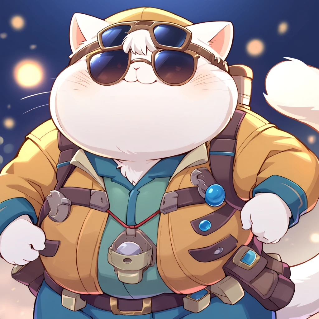 anthro, kemono, male, solo, ((round face, very plump face, thick beard)), ((endomorph body type, old-aged)), ((adventure costume:1.5)), ((domestic cat, cat) fluffy fur, fluffy), (simple background), (cool person), (particle lighting:0.4), bokeh, (high quality, highres, masterpiece), (dynamic lighting, vivid color), memorable wholesome scene, cartoon, , (((cute))), (((fat, fat))), belly, chest, kemono SLG, (((hair over eyes)))mature, white tail, cat ears, wearing shorts and a work shirt, extremely detailed cat anatomy,,(upperbody, face focus), ((IncrsXLDealWithIt)), (wearing sunglasses)