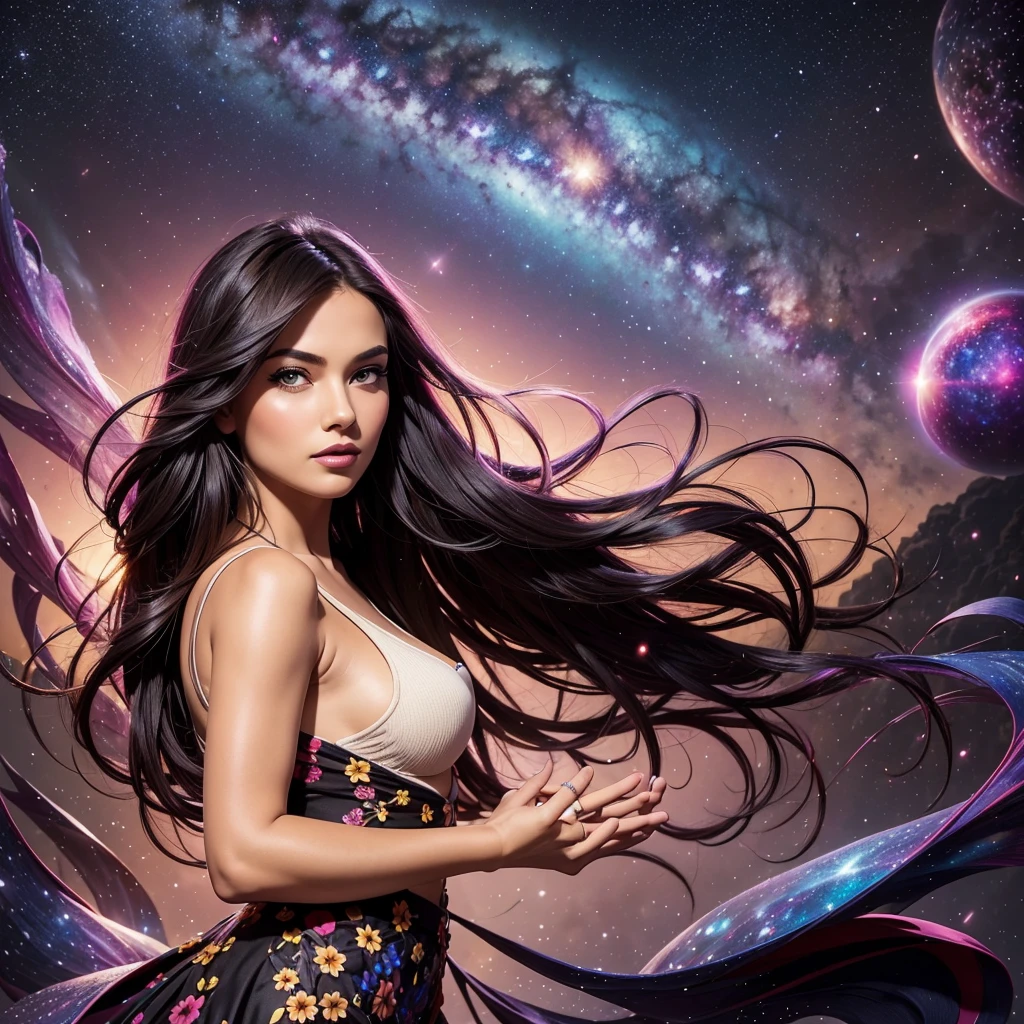 (best quality, masterpiece), 1girl, pose, particle, wind, flower, upper body, simple background, looking at viewer, black wildly hair, cosmic, nebulas, galaxy
