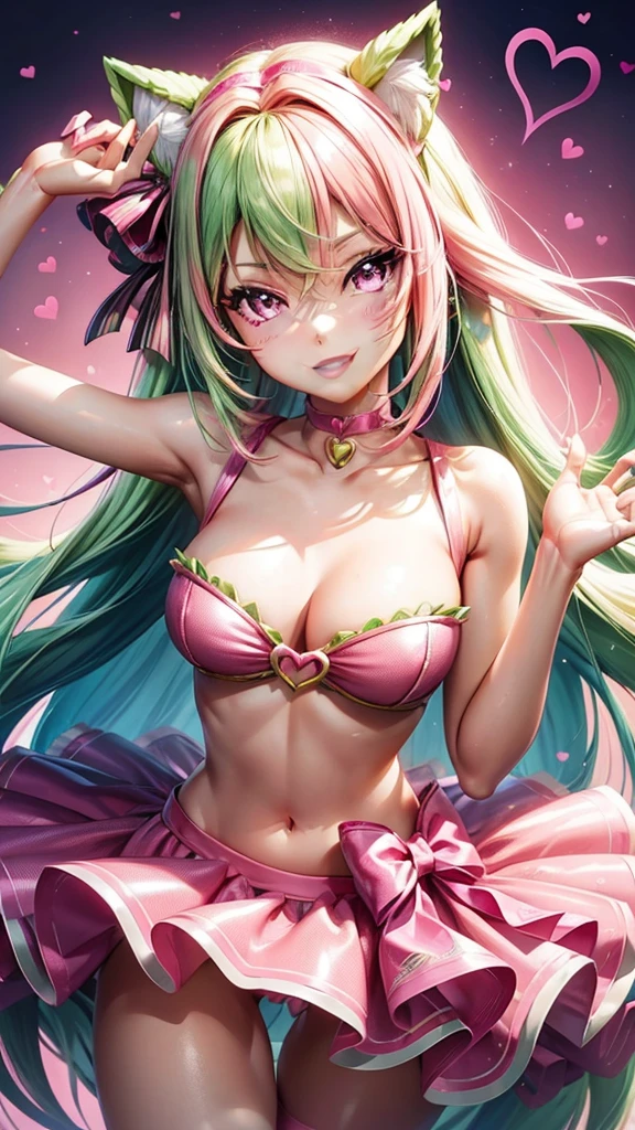 (( barbie pink green hair color)), pink eyes,sexy woman, cat ears, hearts, floating hearts, face only,  long hair, smiling, hair ornament, up close face, closed mouth smile, up closeface, hair bows, sexy body 