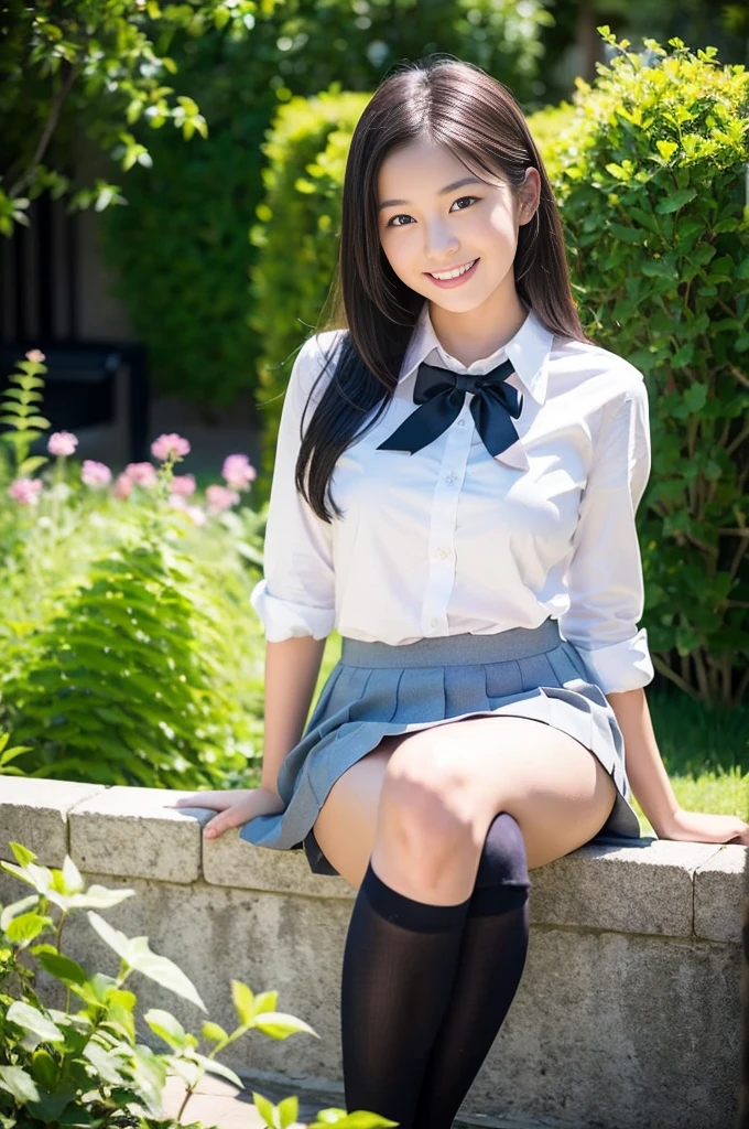 Pure young Japanese school girl, outstanding body, wearing uniform, no makeup, natural black hair styles, sexual attractive, sweet smile, sitting in traditional garden, professional portrait photography,