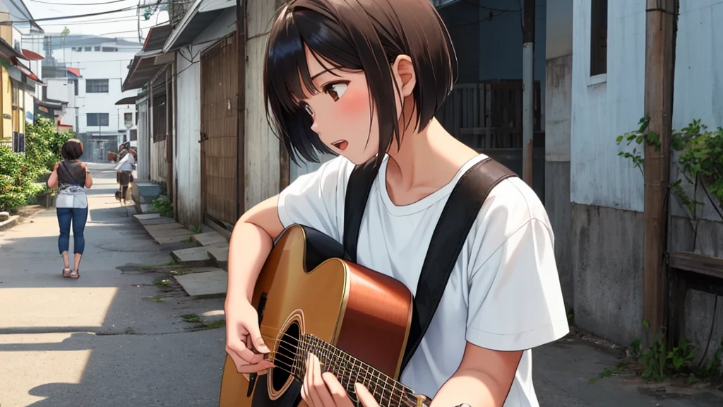 On the streets of a rural town in Southeast Asia、A man was standing there singing passionately while playing a brown acoustic guitar.20Woman in her 20s、Her hairstyle is a short light brown bob cut.、Wearing white short sleevesTShirt and jeans、She is singing with a very desperate expression and her voice is very dynamic.