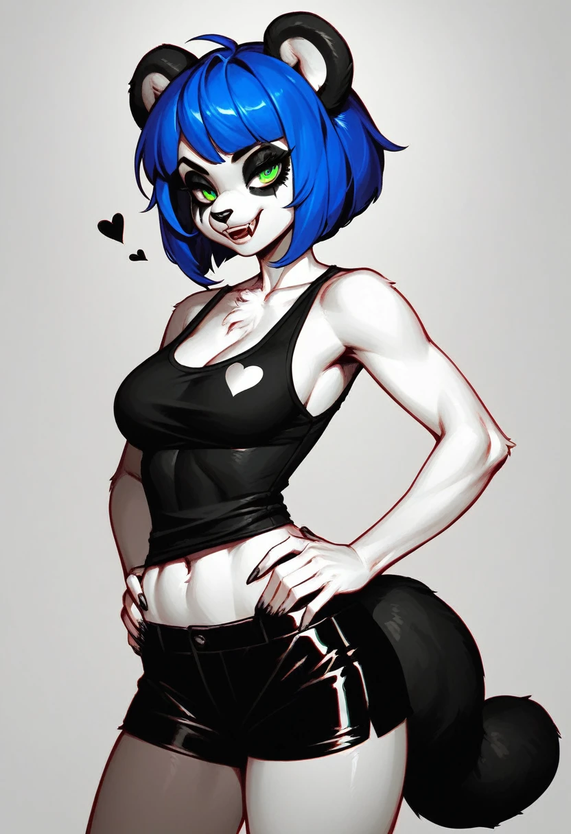 furry, (black and white fur), 1girl, animal nose, gold hearts, eye makeup, Nuwa Nightstone, green eyes, blue hair, (panda girl), panda ears, panda tail,  black tank top, black shorts, hands on hips, :D, fangs