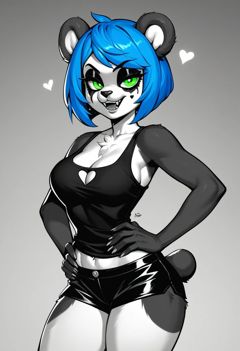 furry, (black and white fur), 1girl, animal nose, gold hearts, eye makeup, Nuwa Nightstone, green eyes, blue hair, (panda girl), panda ears, panda tail, black tank top, black shorts, hands on hips, :D, fangs