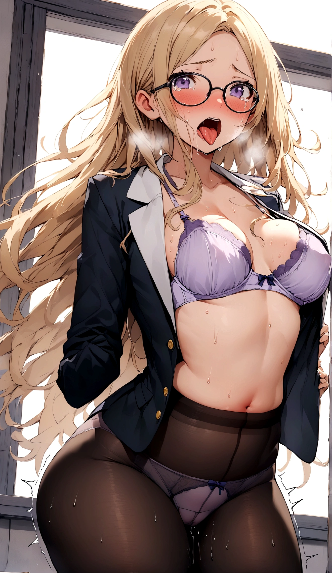 young woman、、Long Hair、Glasses girl、high school girl、Blazer Uniform、tears、Beautiful woman、Very thick thighs、The face of climax、Sticking out tongue、cry、shout、classroom、Please sit down and spread your legs...、Best image quality、High resolution、masterpiece、super high quality、Thick pubic hair、Orgasm Facial、Light purple bra、Light purple panties、Small breasts、Very big ass、Blushing、4K quality、Blushing、Cry of ecstasy、Wearing black pantyhose、panties under pantyhose、Sweaty all over、Heavy breathing、Her breasts are bouncing up and down、Low - Angle、Cowboy Shot、Shaking breasts,uneven chest、上下にShaking breasts、panties under pantyhose