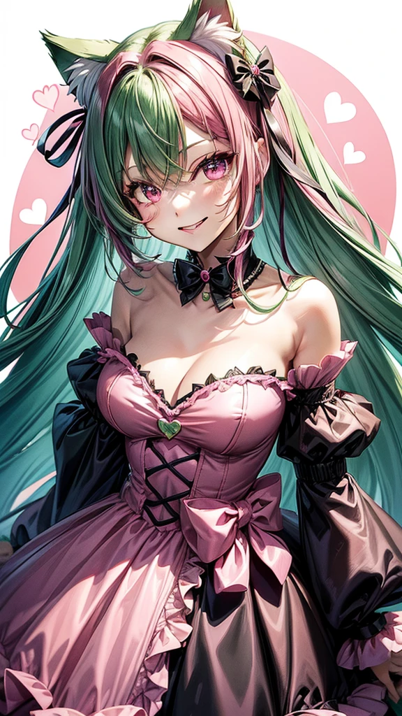 (( Pink green hair color)), pink eyes,sexy woman, cat ears, hearts, floating hearts, face only,  long hair, smiling, hair ornament, up close face, closed mouth smile, up closeface, hair bows, sexy body 