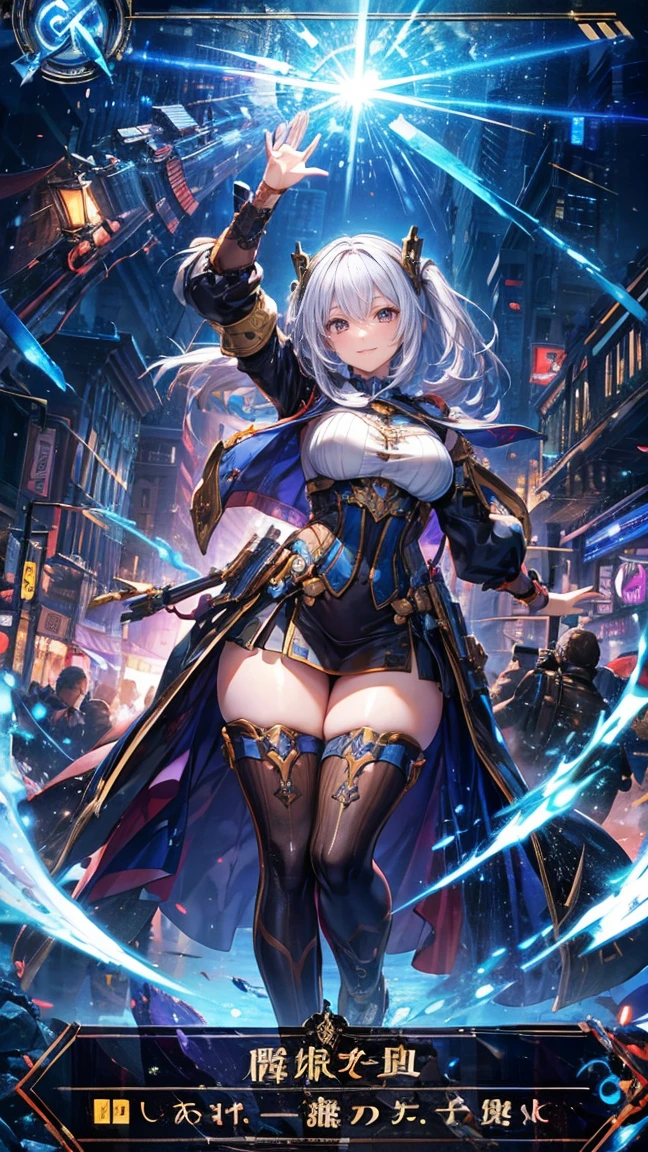 (1 mature robot girl,Age 35), ((Pub,guild)),(smile),Dynamic pose,Dynamic Angle,Pose for a photo,From below,Elderly woman、Trading Card Game Frames、Highest Rare、Five Fingers、Signature mark、Big Butt、White Hair、Android、Robo joint、plump hips