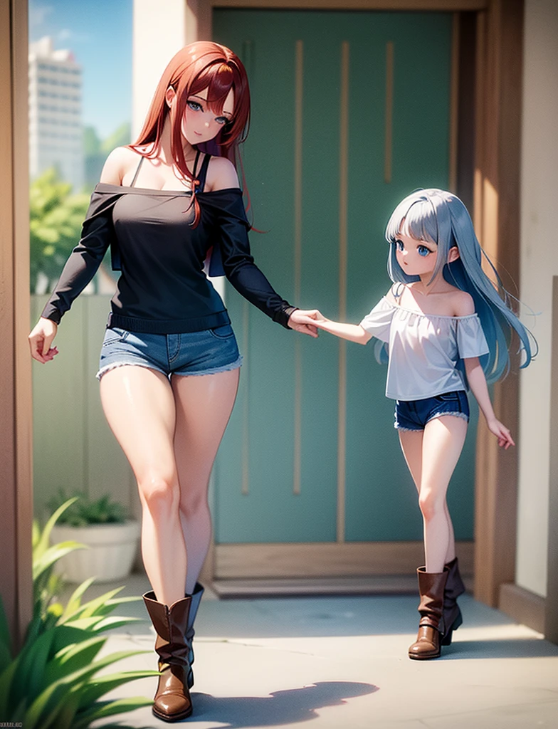 sexy young girl, long hair strong red hair, de blue eyes, Short white off-the-shoulder shirt, bright blue short jean shorts, mirada happy, happy, short brown boots, walking, con su hija pequeña de cabello gris de blue eyes, little daughter gray hair, blue eyes