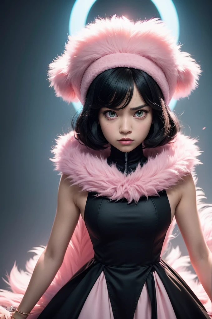 @Legion of I.a:Funnily film character, disney pixar style,3d,with black hair, eyes browns, Tiara Rosa,pink dress, face with disgusted expression, light pink fur, white background 8k quality