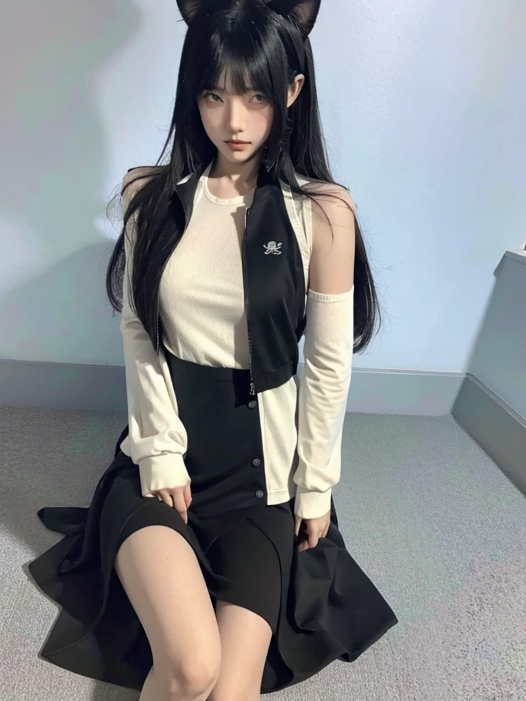 girl, dressed in white long sleeves, with a black vest and knee-length black skirt, slightly narrow, red eyes, detailed eyes, long black socks, school shoes, has cat ears, has short black hair like a boy, but has a lot of hair, the sides of her hair stick out, she is a calm girl, short hair like boy, long black dress
