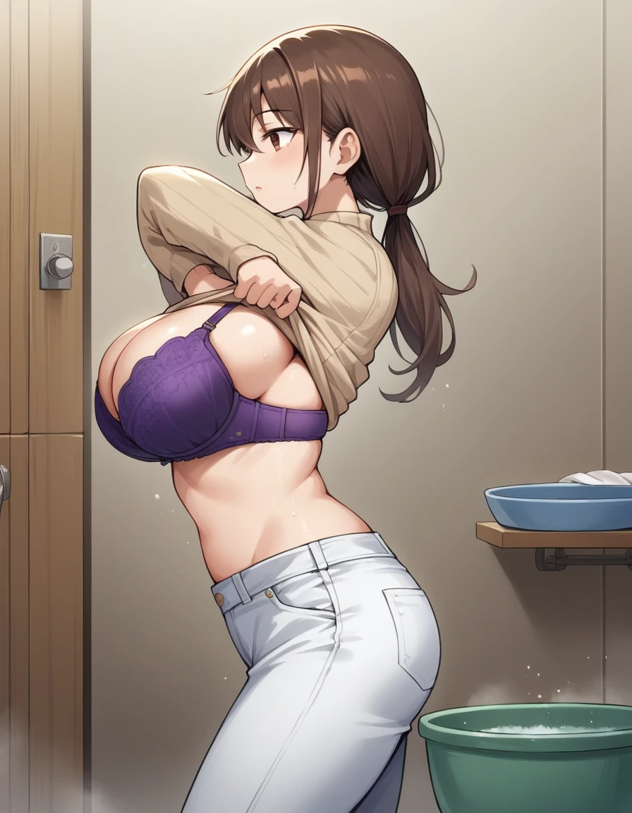 score_8_up, score_7_up, source_anime BREAK, 1female, brown eyes, brown hair, low ponytail, standing, big breasts, beige sweater, white jeans, wash room, Wash basin, Undressing, purple bra, lift up clothes, from side,