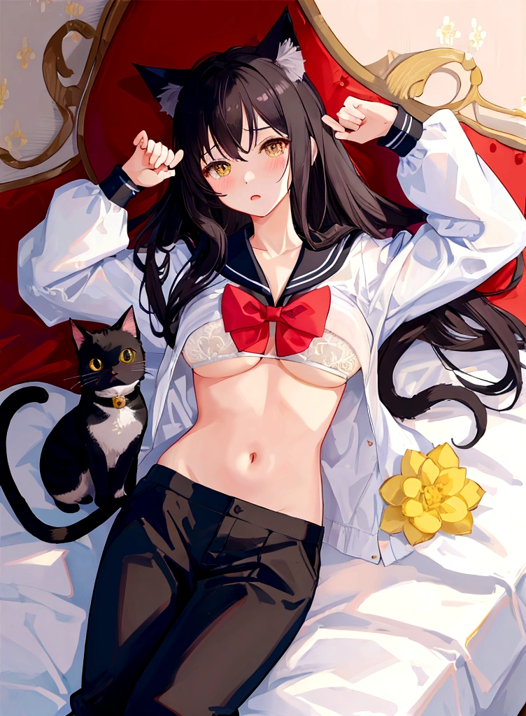 Cat ear、Big Breasts、Sailor suit、young、Black Hair、Stylish、Bed、bra、pants、blush