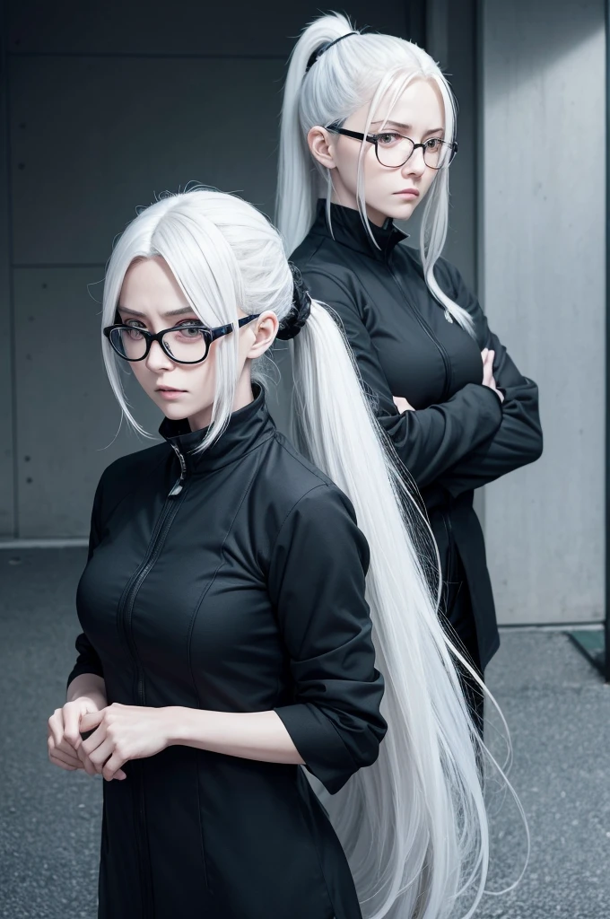 Panel of Jujutsu Kaisen manga, has long white hair, which she usually ties in a high ponytail. Her eyes are green and bright, and she wears a pair of thin-framed reading glasses. Her expression is generally calm and calculating. She prefers to wear practical clothes.