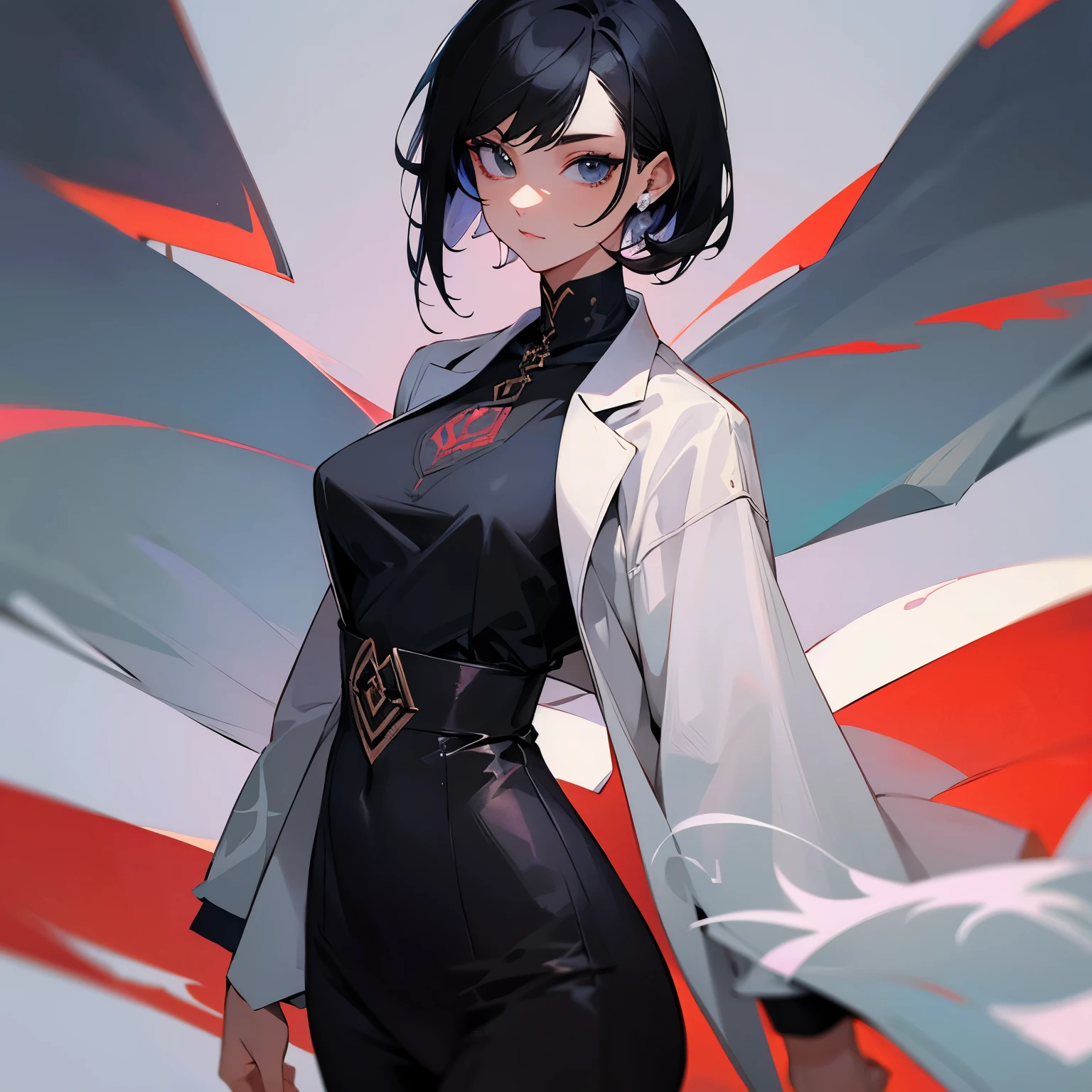 Female, beautiful, short black hair, has a tattoo on her neck, elegant clothes, cool, stylish, high image quality