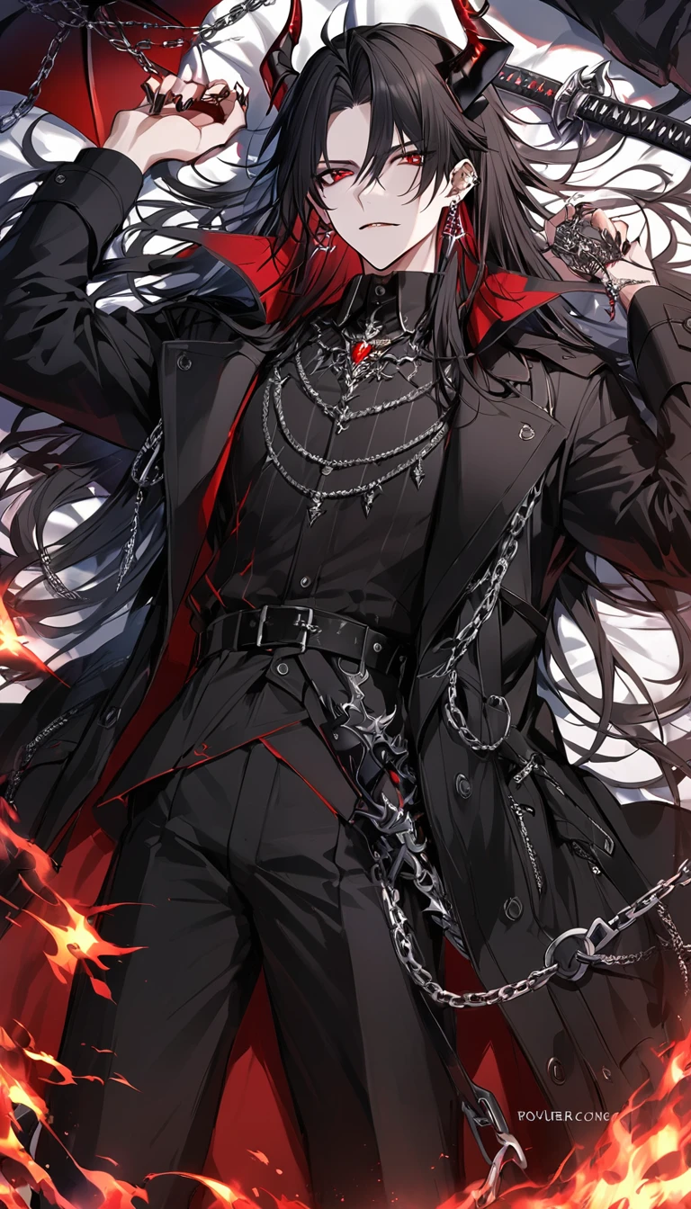 alone, good looking, 1 male, Long hair, Middle parted, Black hair, Red eyes, Black shirt, White Thailand, Black Trench Coat, Royal Silver Jewellery, Royal Demon Earrings, Black horns, Demon Crown, Demonic Katana, Chain, On Back, Demonic Black flames Aura, vtuber Character Design sheet