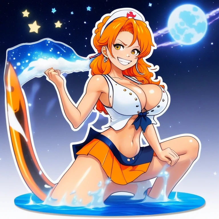 Character Stickers,STICKER, (solid outline:1.3), (NSFW:1.2), A detailed illustration of a vivid Sexy Nami from One Piece kneeling down, Nami with big breasts, see thru white top, nipples see thru, bare breasts, thin acrylic board, Nami character goods, Flat figure, 3D image, Sample images on product page, Acrylic stand and Acrylic base, acrylic panel, acrylic board, cowboy shot, full body portrait, Nami full body portrait ,orange long hair, shear camisole and mini-skirt type sailor uniform, Smile, summer clothes, Crazy cute, kneeling down, Stars shine in eyes,