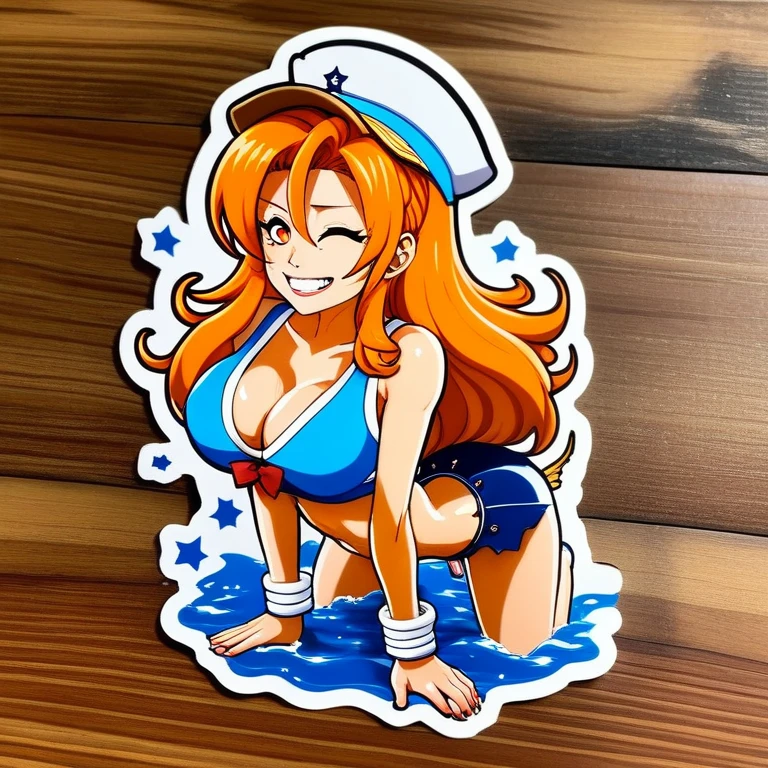 Character Stickers,STICKER, (solid outline:1.3), (NSFW:1.2), A detailed illustration of a vivid Sexy Nami from One Piece kneeling down, Nami with big breasts, see thru white top, nipples see thru, bare breasts, thin acrylic board, Nami character goods, Flat figure, 3D image, Sample images on product page, Acrylic stand and Acrylic base, acrylic panel, acrylic board, cowboy shot, full body portrait, Nami full body portrait ,orange long hair, shear camisole and mini-skirt type sailor uniform, Smile, summer clothes, Crazy cute, kneeling down, Stars shine in eyes,