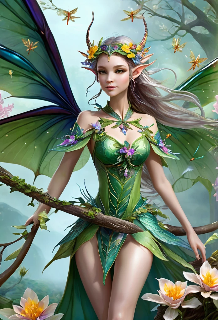 faerie,(full body),elf ears,dragonfly wings, ,hair decorated with flowers, Branches and Leaves, she's ridin on a beautiful dragon,around a scene of magic,,a bit of mist(high qualiy),(refined details),(work of art)