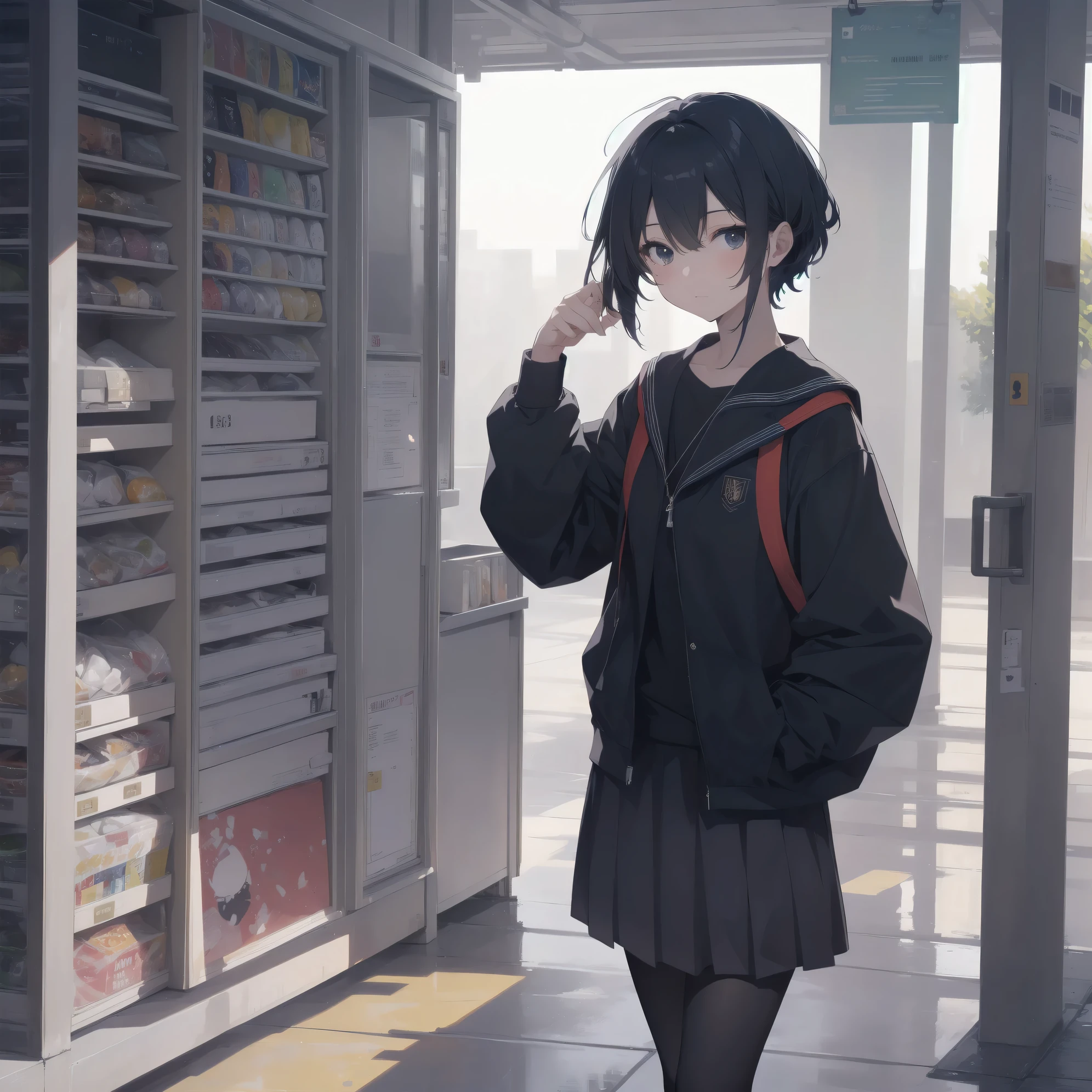 ultra-absurdres-Top quality by artist God, ultra-detailed, high resolution, anime moe artstyle, best anime 8k konachan wallpaper, pixiv contest winner, pool:2810, perfect anatomy,break, 1girl, (Please draw a girl walking sleepily to school alone. )break,(Solo,little female, -yeld:1.Full limbs, complete fingers,a junior hihort hair), short cut, flat chest, , small butt, small black eyes, beautiful detailed eyes, well-proportioned iris and pupils, expressive eyes, highres detailed hair, soft expression, salor school_uniform, sailor collar, serahuku, bow, pleated skirt,(Detailed Lighting), (Detailed background), in the School commute route. break,super detailed skin, Best cinematic lighting powered by famous artist, 8k,beauty illustration,photoshop_(medium),very aesthetic,break,((artist:yuuji_(and) )), artist:clamp ,artist:carnelian ,artist:kantoku ,