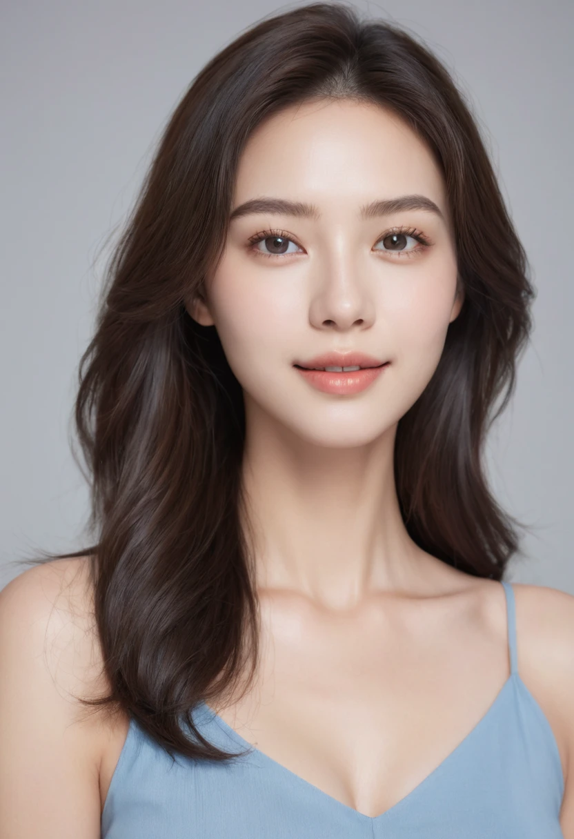"Create a realistic image of a 22-year-old woman looking straight ahead. She has clear and smooth skin, with an even and healthy tone, no imperfections. Your hair is long, brown and wavy, falling gently on the shoulders. Her eyes are light brown, grandes e expressivos, with long eyelashes and well-defined eyebrows. She has an oval face, with slightly rosy cheeks and full lips with a subtle smile. She is wearing a simple blue blouse, with light, natural makeup, highlighting your natural beauty. The background of the image is neutral, preferably light in color, to highlight your facial features. Lighting is soft and even, no harsh shadows, to enhance skin texture and facial details."