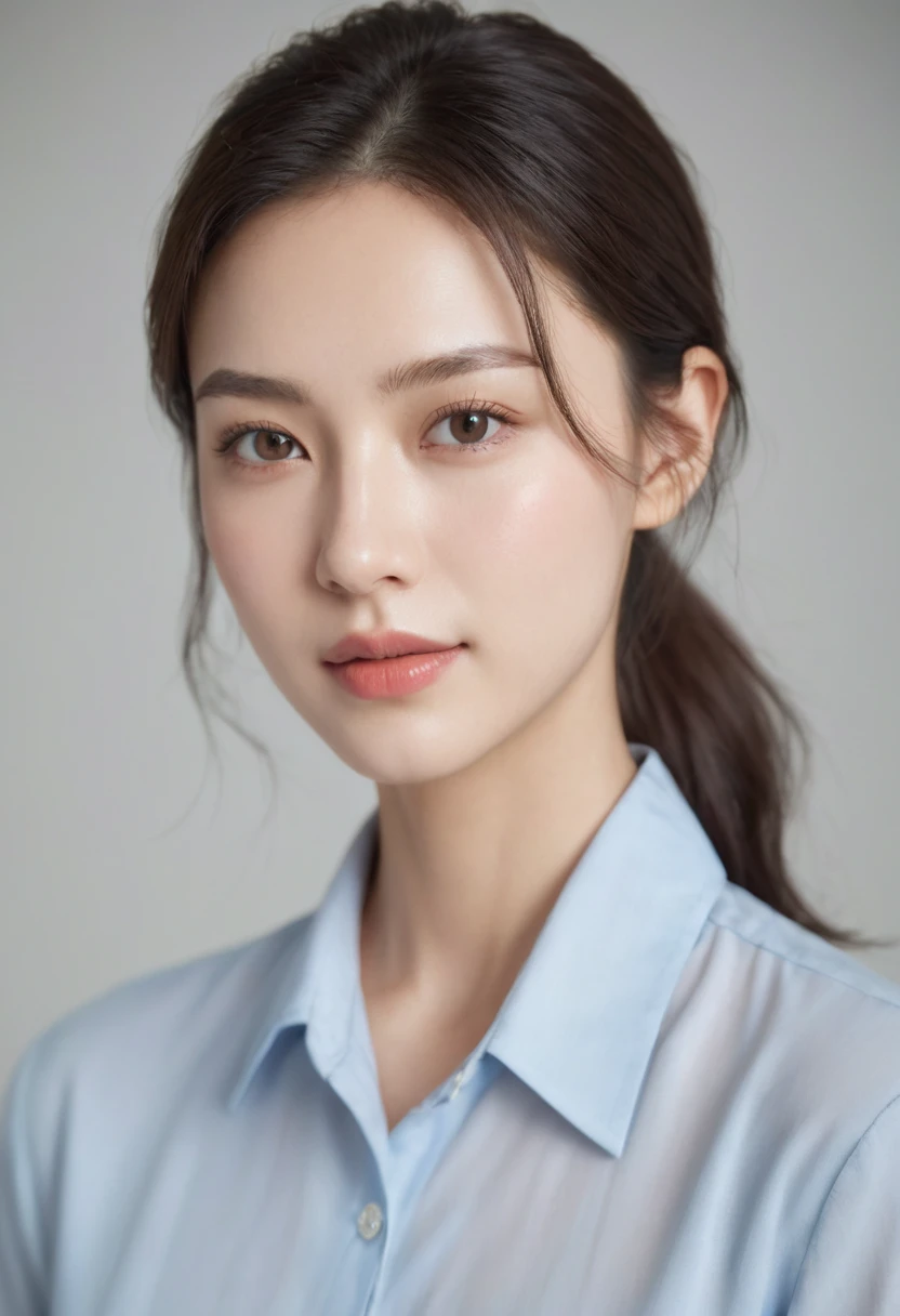 "Create a realistic image of a 22-year-old woman looking straight ahead. She has clear and smooth skin, with an even and healthy tone, no imperfections. Your hair is long, brown and wavy, falling gently on the shoulders. Her eyes are light brown, grandes e expressivos, with long eyelashes and well-defined eyebrows. She has an oval face, with slightly rosy cheeks and full lips with a subtle smile. She is wearing a simple blue blouse, with light, natural makeup, highlighting your natural beauty. The background of the image is neutral, preferably light in color, to highlight your facial features. Lighting is soft and even, no harsh shadows, to enhance skin texture and facial details."