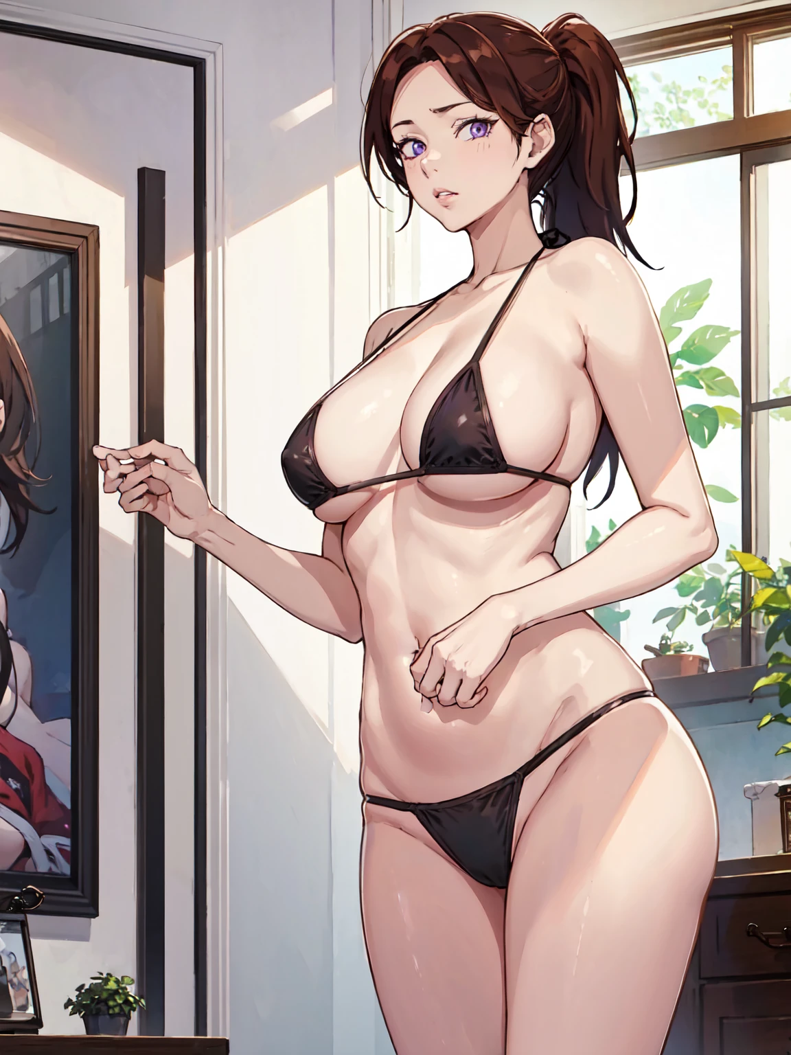 JooRidef, brown hair, ponytail, purple eyes large breasts,
1girl, solo, looking at viewer, bikini, micro bikini
masterpiece, best quality, standing up, 4k, ultra hd, masterpiece, wallpaper, 26 year old woman, mature woman, perfect image, ultra sharp image, lips seperated, 3/4 body image, Embarrassed , hair censorship, hair covering breasts