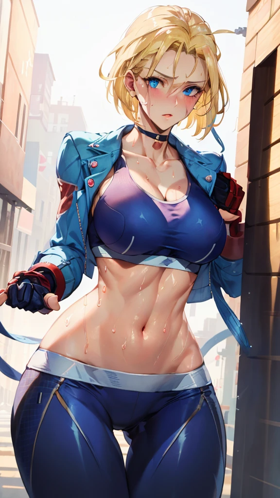 ((((masterpiece, best quality, high resolution)))), Extremely detailed 8K, 1 female, (Cammy White) wearing her Cammy White outfit, (Ultra HD, Ultra-detailed, Highly detailed, Highly realistic, Ultra-realistic, photograph realistic), (1girl:1.5), (Realistic short blond hair), (dynamic poses), facing at camera, looking at viewer, (a serious focus face), (regular blue eyes, sharp eyes), (perky breasts:1.2), (beautiful detailed face, beautiful detailed eyes), ((slightly sweating)), (preparing for a workout), sweat, glow, (sunbeam, sunlight), ((cowboy shot)), streets background, seductive, EnvyBetterHands LoCon,