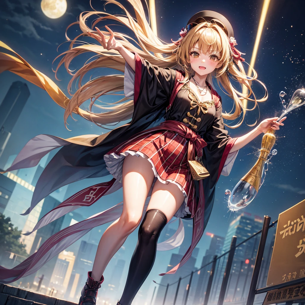 Red, brown, gold, gold hair、Golden Eyes、Hair tied up、One good looking girl、solo、anime、Checkered mini skirt、Ruffles on the skirt、Checked dress、blouse、Kimono、Black knee-high socks、Ribbon、Ribbon on waist、Teeth are visible、Sparkly Necklace、From above、Cobblestones、waterfall、Starry Sky、Midnight Moon、suspension bridge、Soap bubbles are flying、beam、Standing still、Transparent、Dragon flying、time and space、goddess、Billboard、Edo