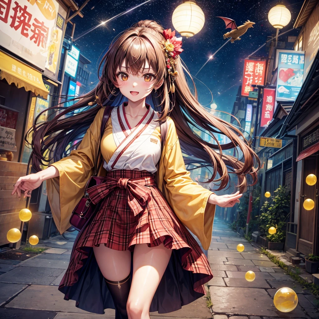 Red, brown, gold, gold hair、Golden Eyes、Hair tied up、One good looking girl、solo、anime、Checkered mini skirt、Ruffles on the skirt、Checked dress、blouse、Kimono、Black knee-high socks、Ribbon、Ribbon on waist、Teeth are visible、Sparkly Necklace、From above、Cobblestones、waterfall、Starry Sky、Midnight Moon、suspension bridge、Soap bubbles are flying、beam、Standing still、Transparent、Dragon flying、time and space、goddess、Billboard、Edo