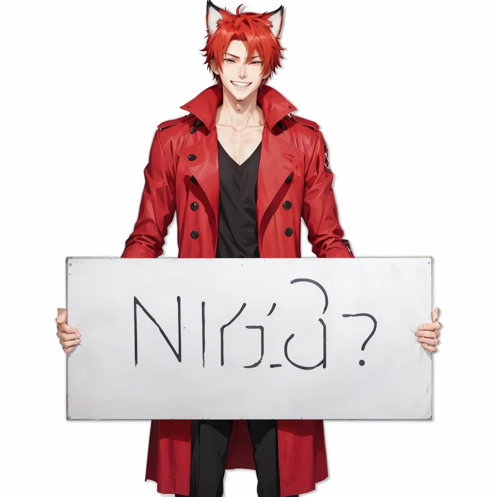 anime guy in red coat holding a sign with the word nishio, rin, name of the character is chad, as an anime character, fox nobushi, ( ( ( yoshinari yoh ) ) ), neko, !!!anthropomorphic!!!, smileing nright, anime character, anime!, enigmatic!!, :: nixri, trigger anime artstyle Anime style digital artwork featuring a male character with red hair, wearing a red trench coat, black buttons, happy expression with sharp facial features and light skin. He holds a white sign in front of his chest, action: holding a large giant white sign, totally white, the background is completely white, he is standing, seen in full body, Large size poster, totally white sign, no letters